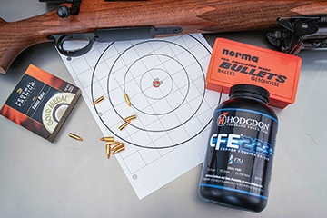 This tiny well-placed group was handloaded using Hodgdon CFE 223 powder and 55-grain Norma Tipstrike Varmint bullets.